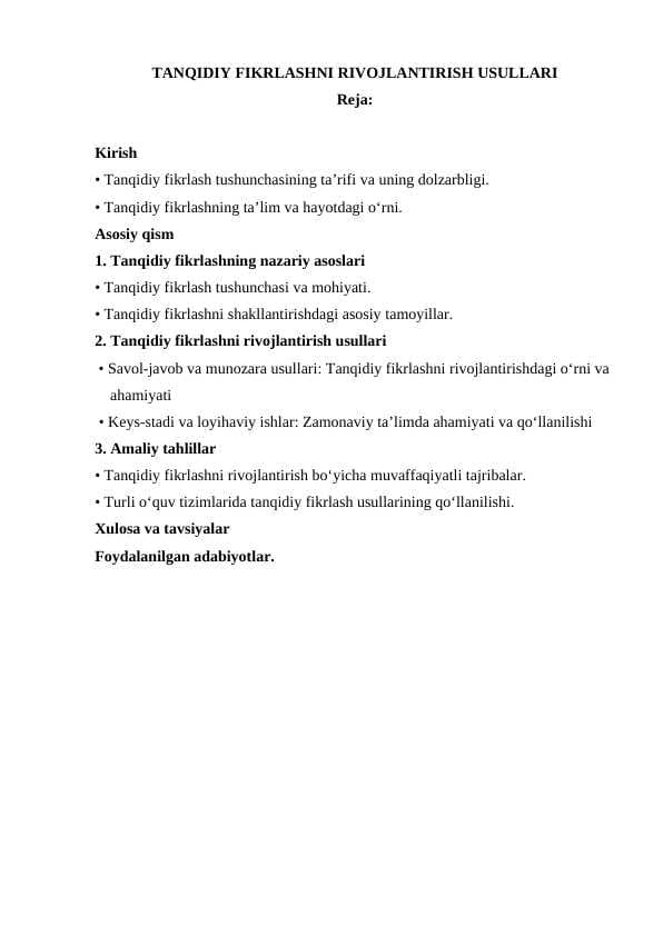 TANQIDIY FIKRLASHNI RIVOJLANTIRISH USULLARI