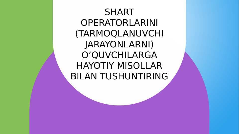 Python dasturlash tilida Shart operatorlarini (tarmoqlanuvchi jarayonlarni) o’quvchilarga hayotiy misollar bilan tushuntirish