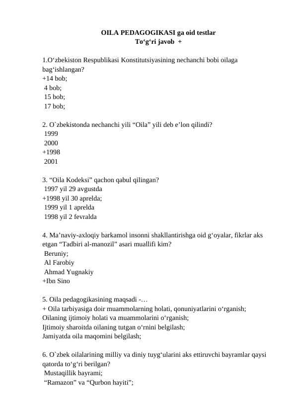 Oila pedagogikasiga oid testlar, javoblari bilan