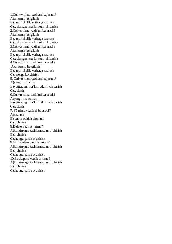Informatika fanidan testlar