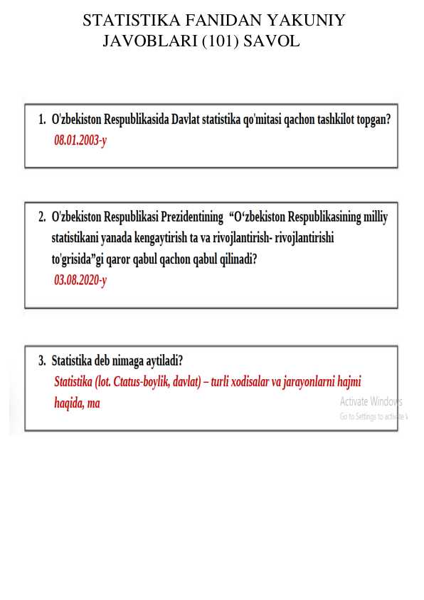 STATISTIKA FANIDAN YAKUNIY JAVOBLARI (101) SAVOL