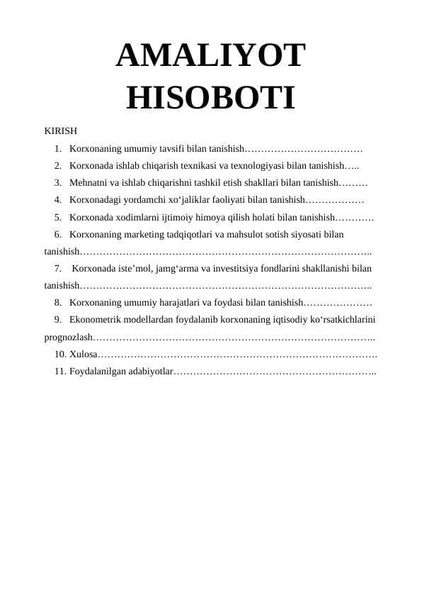 Amaliyot hisoboti. (Korxona boʻyicha)
