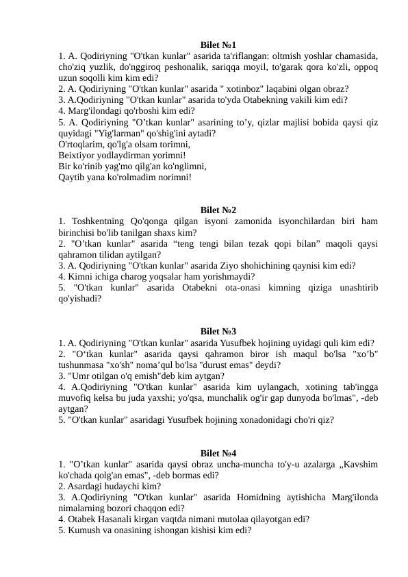 O'tkan kunlar savollar