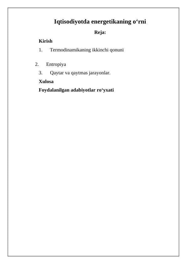 Iqtisodiyotda energetikaning o‘rni