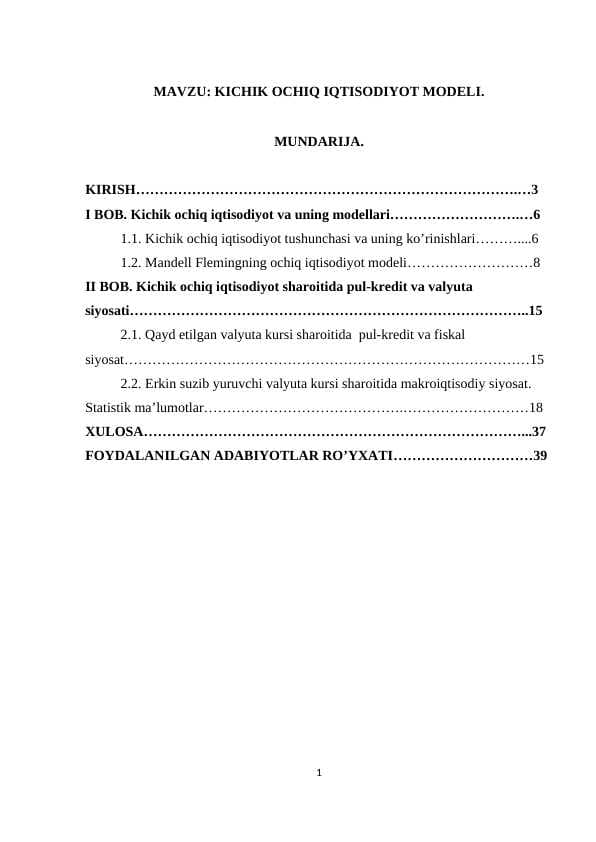 KICHIK OCHIQ IQTISODIYOT MODELI.