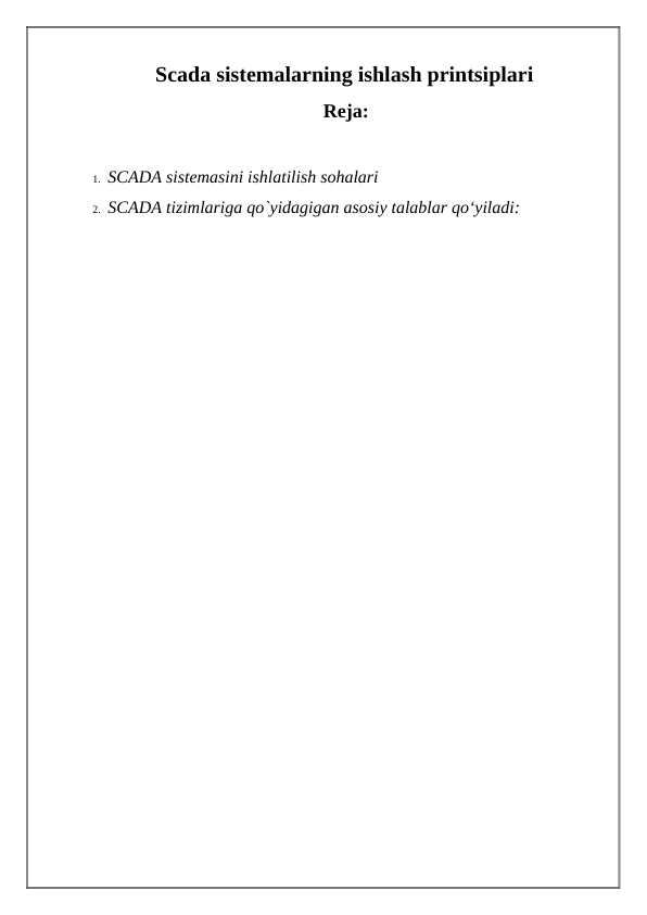 Scada sistemalarning ishlash printsiplari