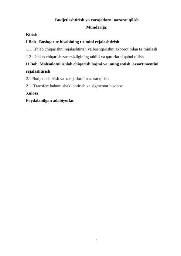 Budjetlashtirish va xarajatlarni nazorat qilish