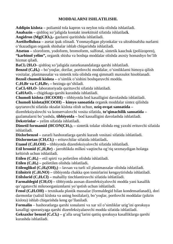 Moddalarni sohalarga ko'ra ishlatilishi