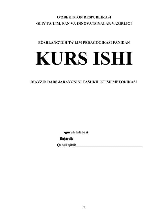 DARS JARAYONINI TASHKIL ETISH METODIKASI