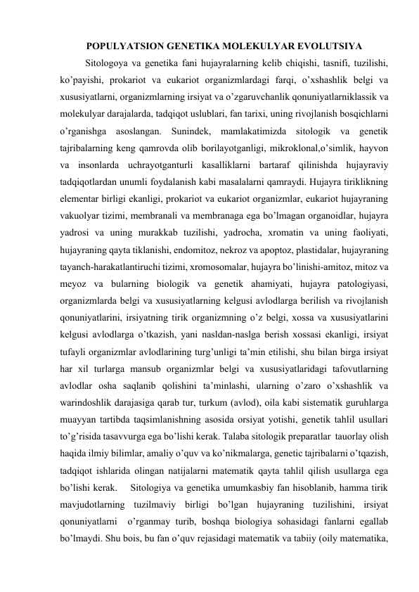 POPULYATSION GENETIKA MOLEKULYAR EVOLUTSIYA HAQIDA