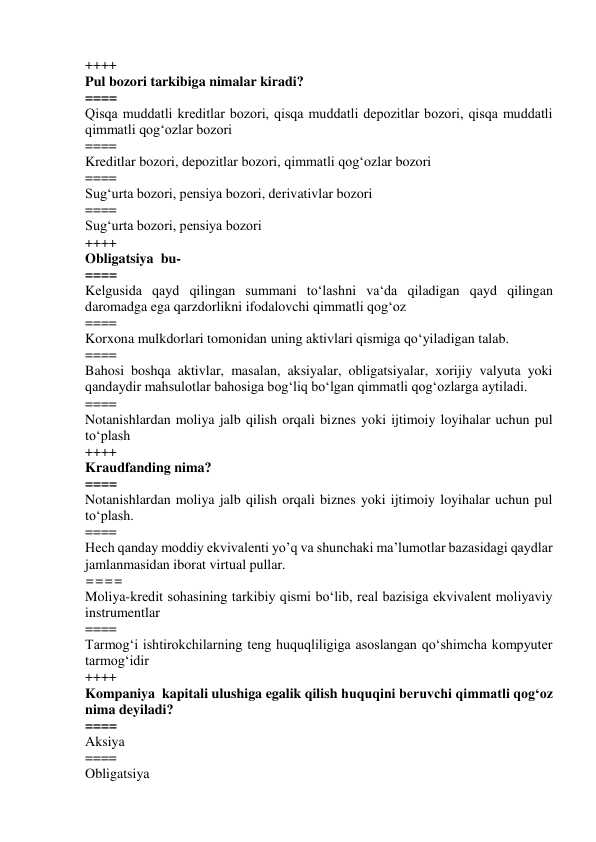 Moliya test savollari to'liq baza