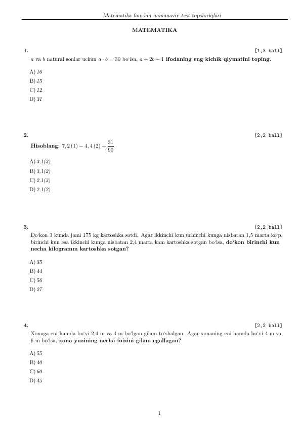 Milliy sertifikat test matematika