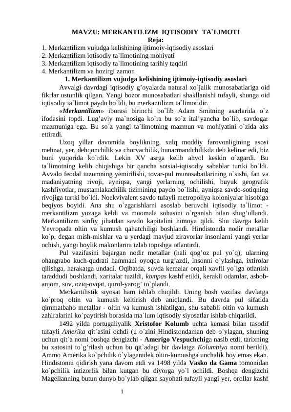 MERKANTILIZM  IQTISODIY  TA`LIMOTI