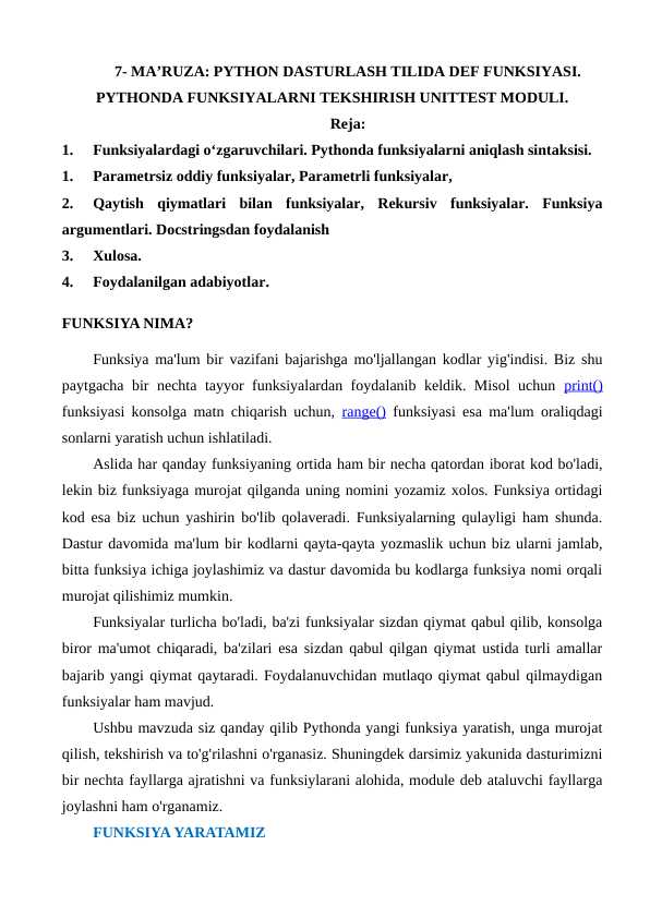 7 Ma'ruza PYTHON DASTURLASH TILIDA DEF FUNKSIYASI