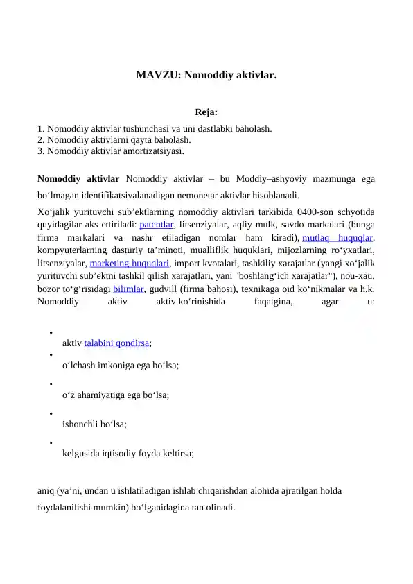 Nomoddiy aktivlar