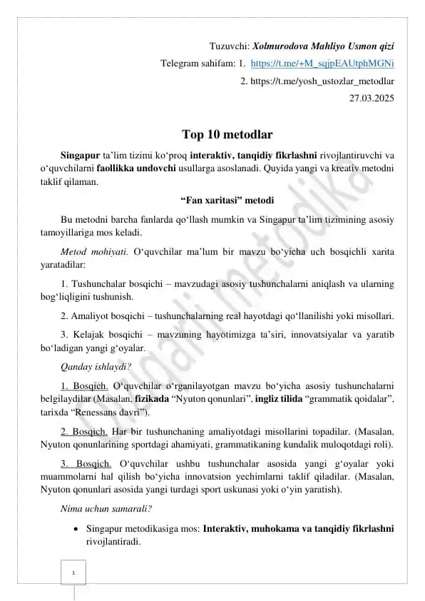 Barcha fan uchun "Top 10 metodlar"