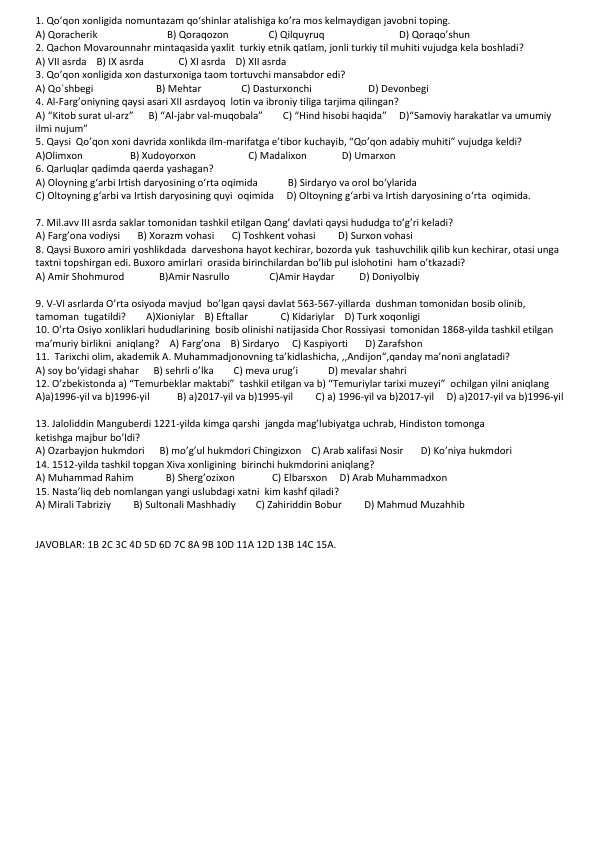 O'zbekiston tarixdan 15 talik test