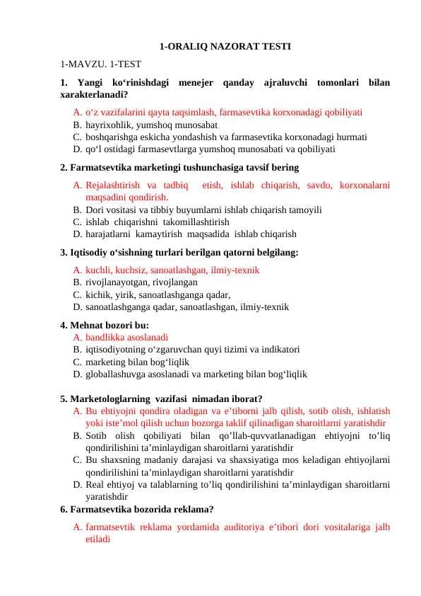 Farmakologik nazorat fanidan 1- Oraliq nazorat javoblari