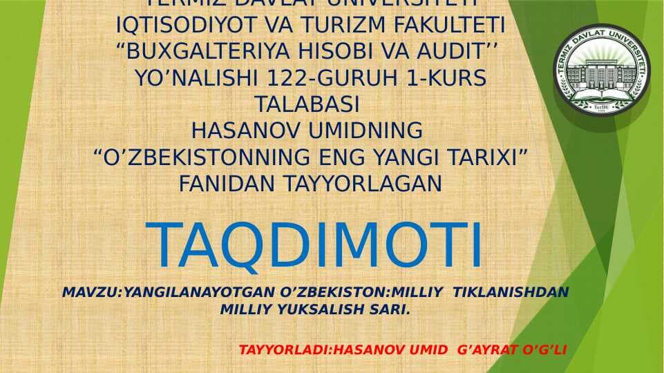 YANGILANAYOTGAN O’ZBEKISTON:MILLIY  TIKLANISHDAN MILLIY YUKSALISH SARI.
