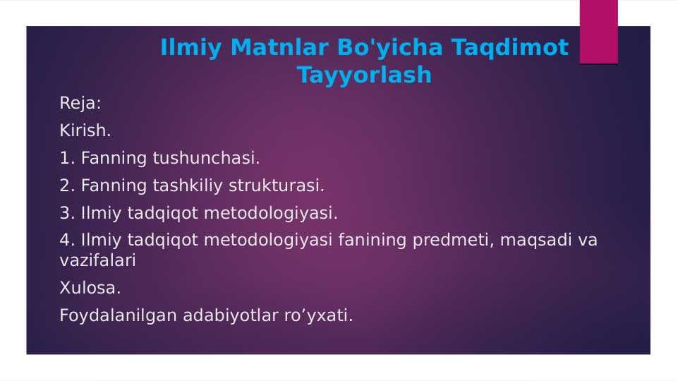 Ilmiy Matnlar Bo'yicha Taqdimot Tayyorlash