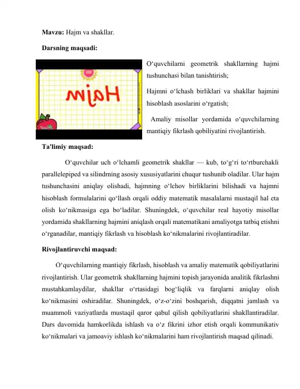 Matematika Hajm va shakllar mavzusida  ochiq dars  mashguloti