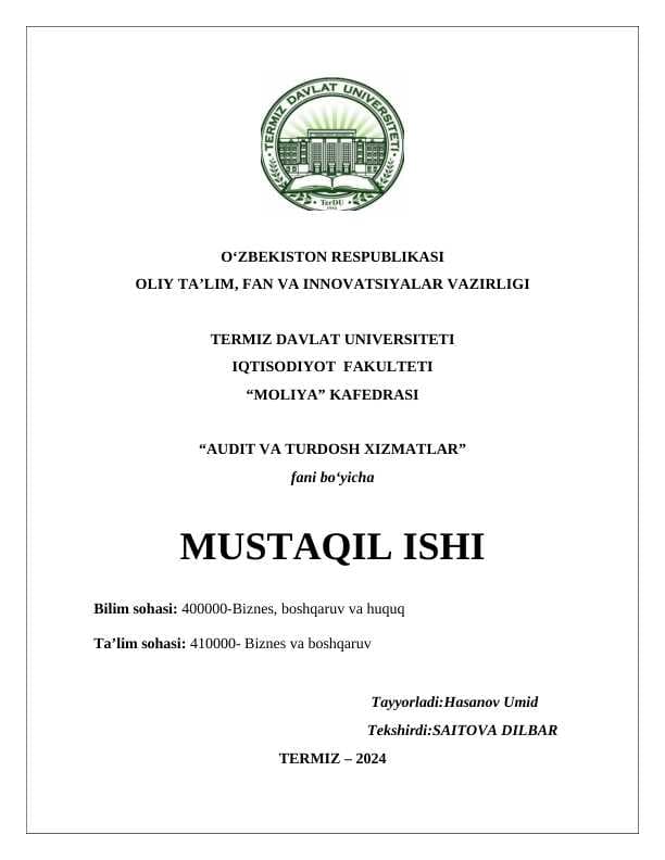 Auditor ishi sifatini nazorat qilish