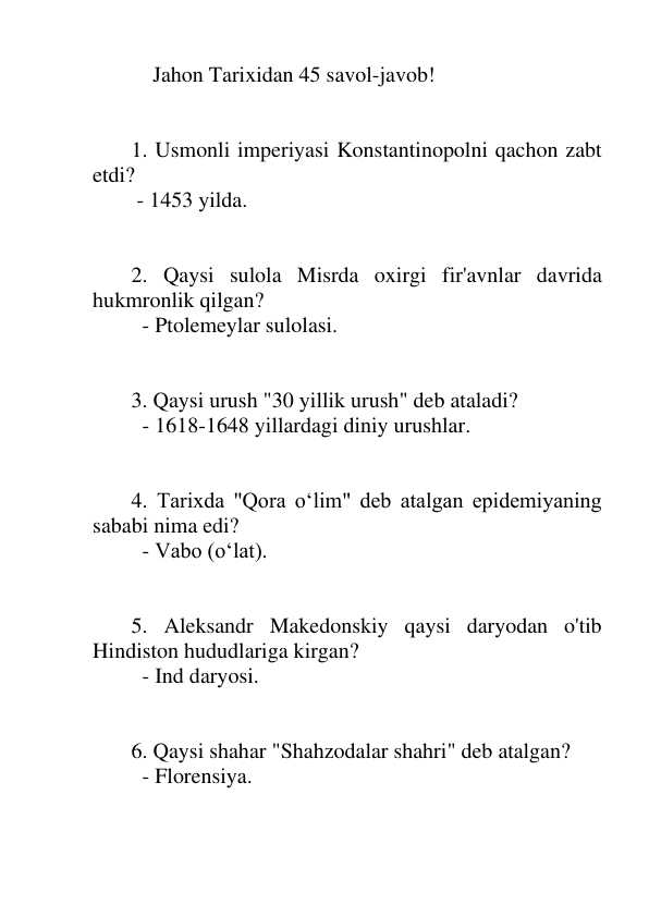 Jahon tarixidan 45 savol-javob