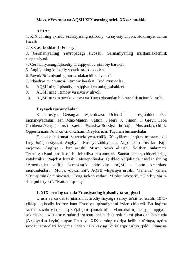 Yevropa va AQSH XIX asrning oxiri XX asr boshlarida