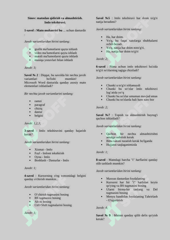 Informatika fanidan testlar