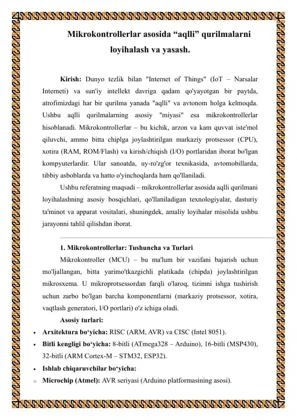 referat Mikrokontrollerlar asosida “aqlli” qurilmalarni