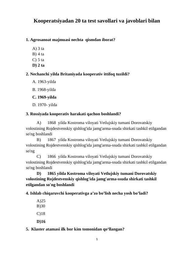 Kooperatsiyadan 20 ta test
