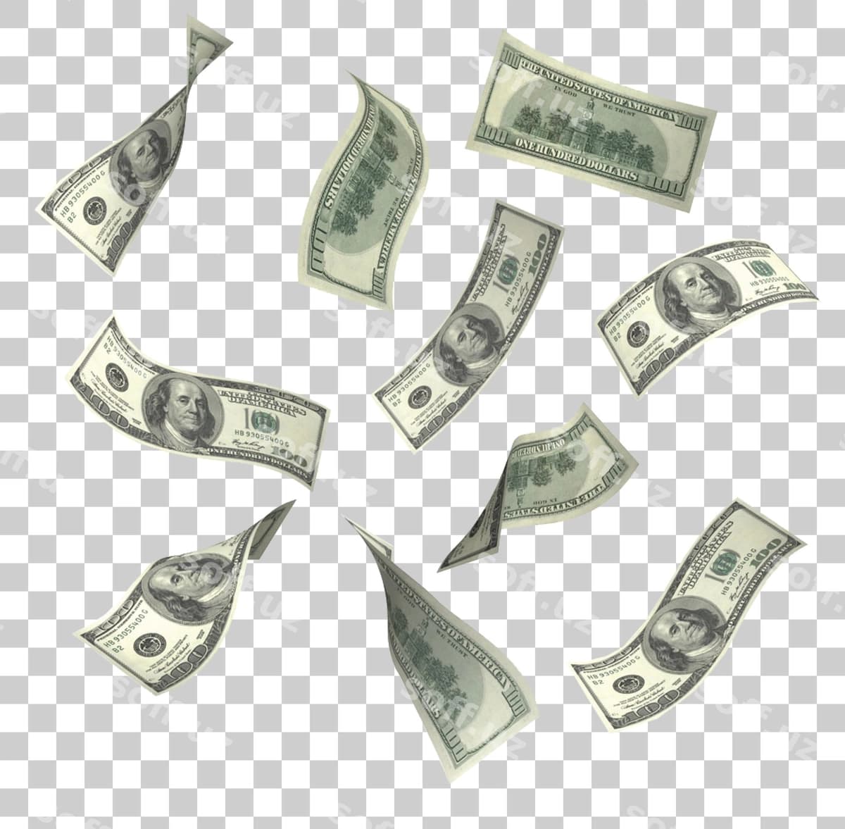 Yuz dollarlik banknotlar parvoz etmoqda. | Flying hundred dollar bills