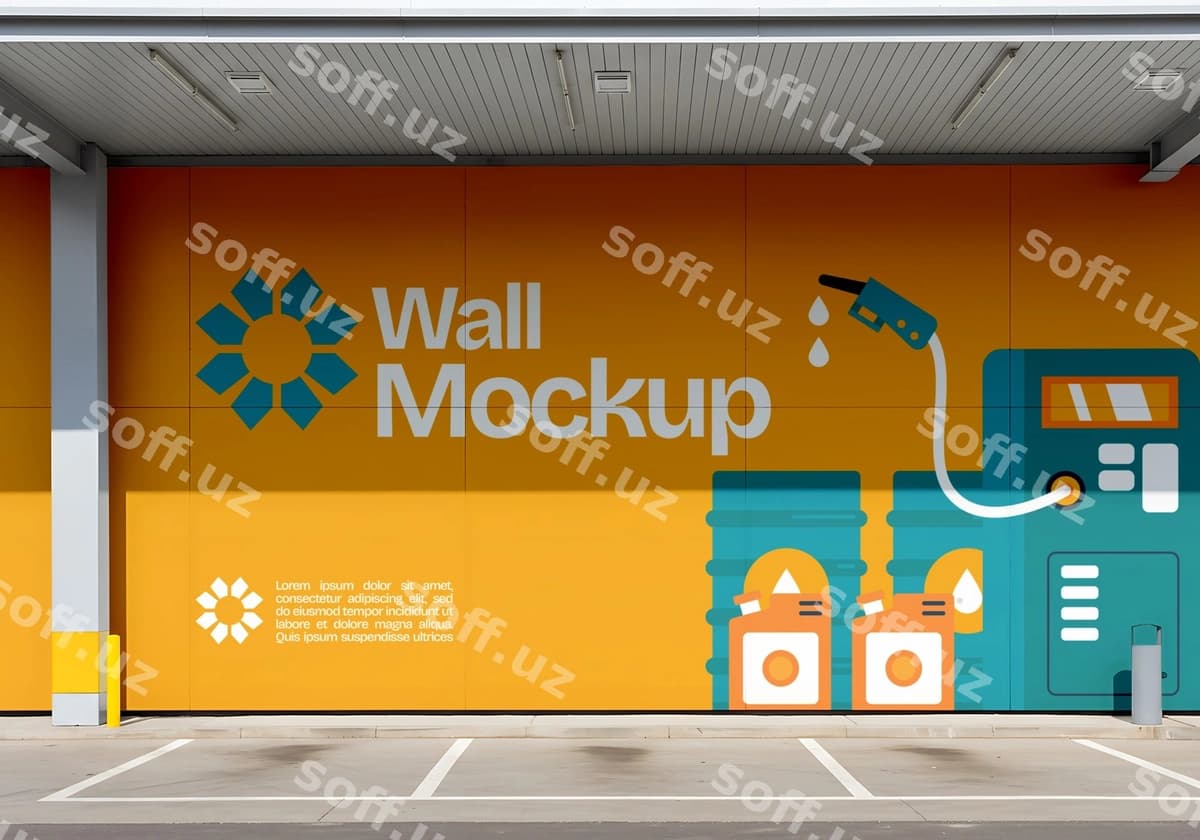 Yoqilg'i quyish shoxobchasi devori maketi reklamasi | Gas station wall mockup advertisement