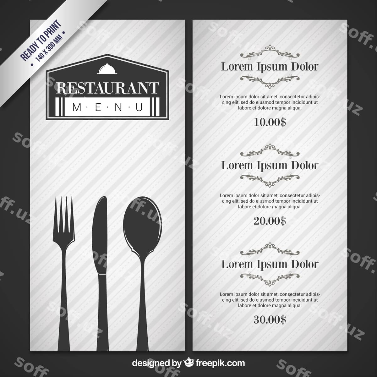 Pichoq-vilkalar bilan kulrang restoran menyusi | Gray restaurant menu with cutlery