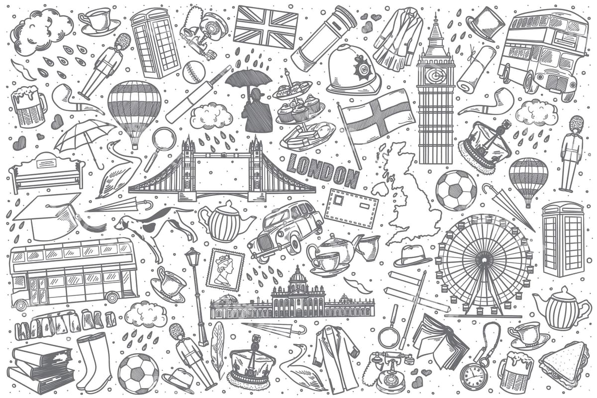 Qo'lda chizilgan Angliya doodle to'plami | Hand drawn england doodle set
