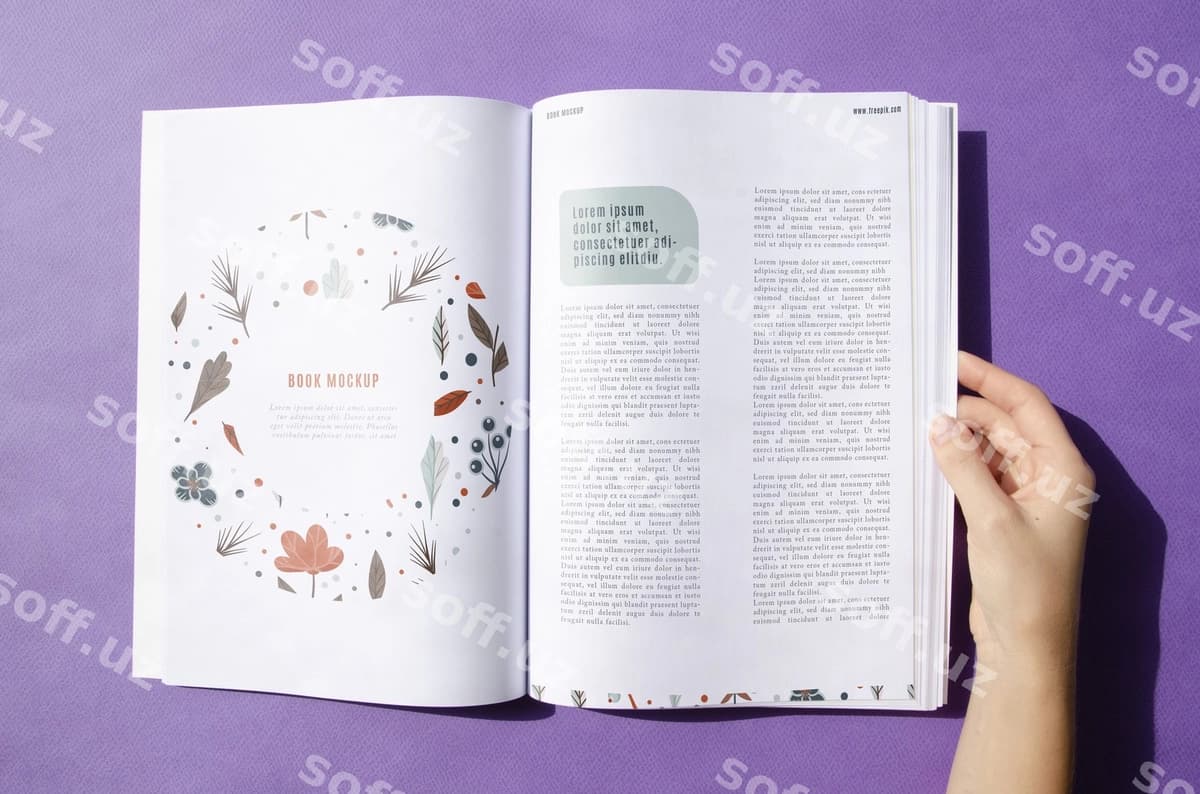 Magazinni tutgan qo'l binafsha orqa fon | Hand holding magazine purple background