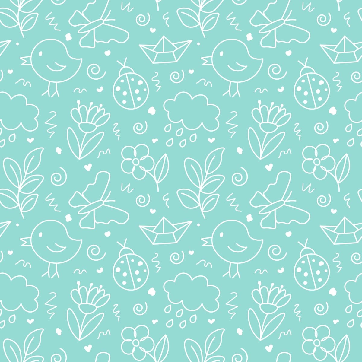 Qo'lda chizilgan bahor doodle choksiz naqsh multfilm yoqimli fon | Hand drawn spring doodle seamless pattern cartoon cute background