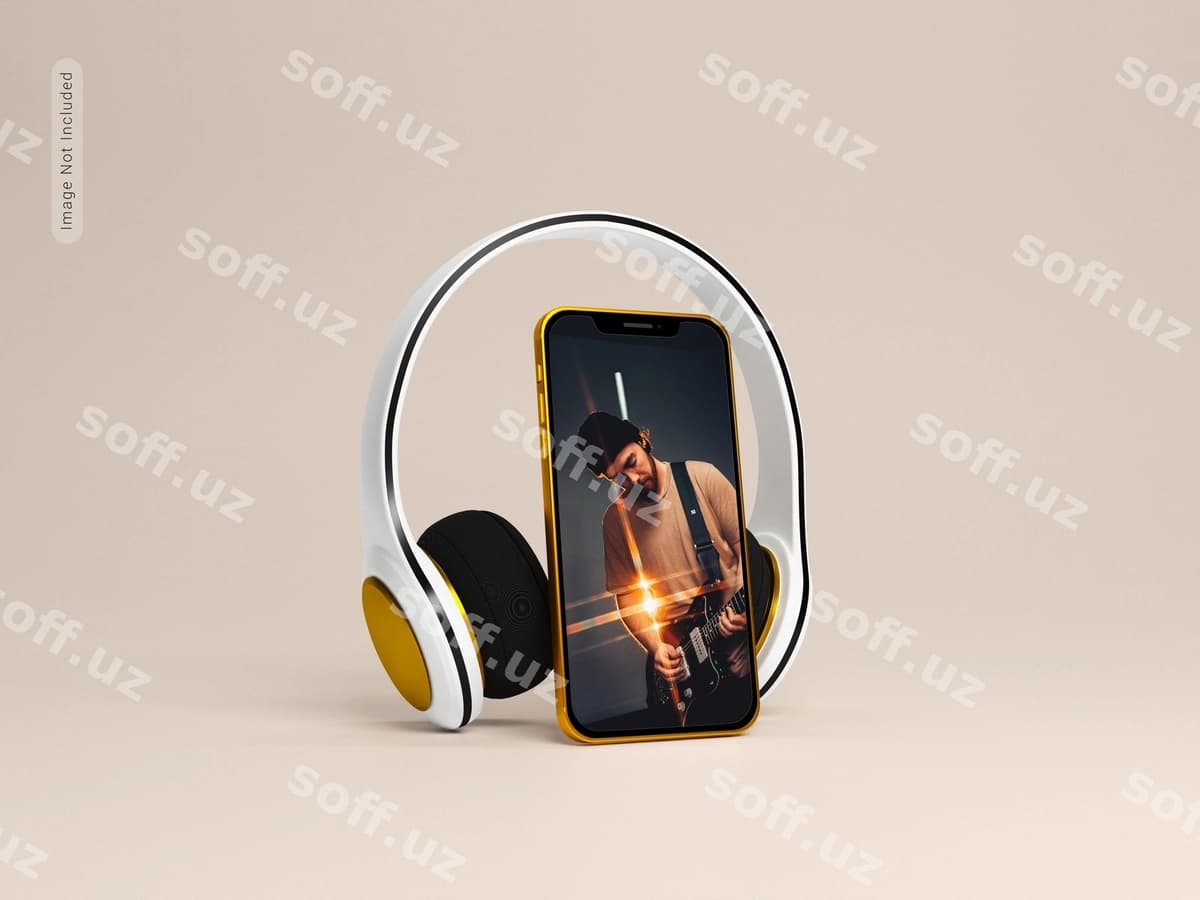 Mobil telefon maketi bilan minigarnitura | Headphone with mobile phone mockup
