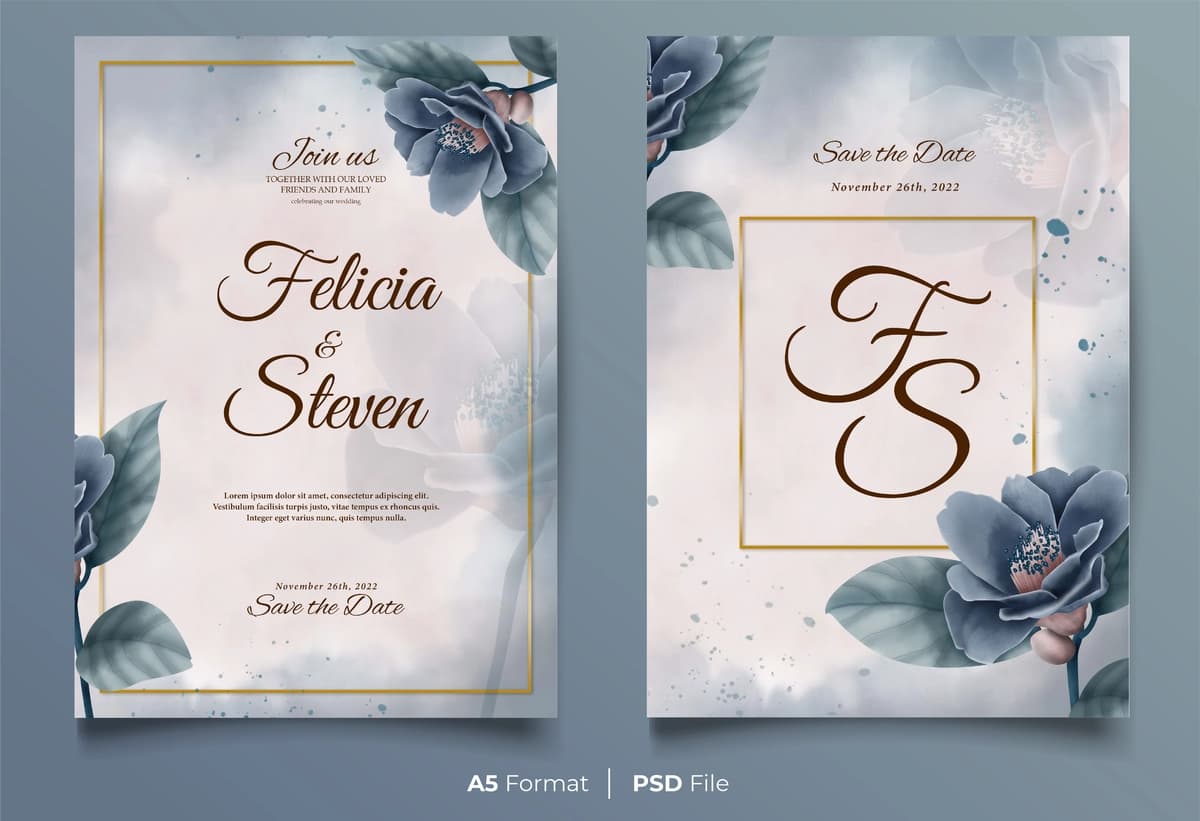 Qora gulli bezakli akvarel to'y taklifnomasi | Watercolor wedding invitation with black flower ornament