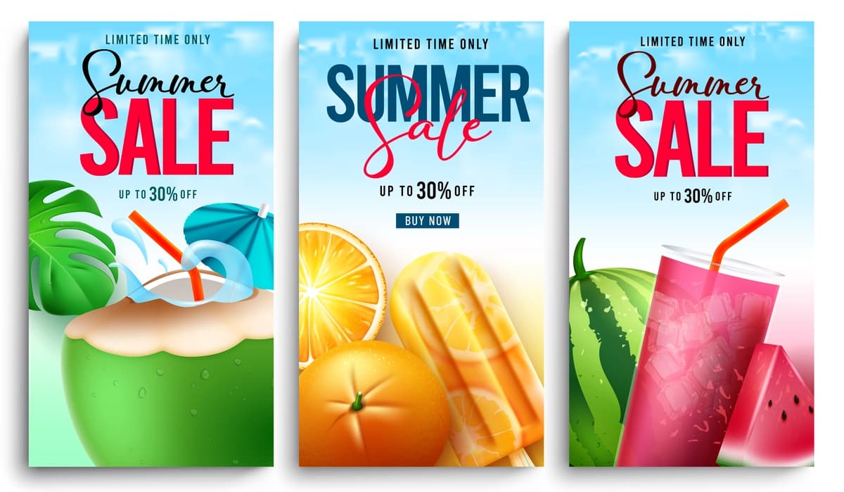 Yozgi sotuvlar vektorli plakatlar to'plamining dizayni yozgi sotuv matni mevalar bilan | Summer sale vector poster set design summer sale text with fruits