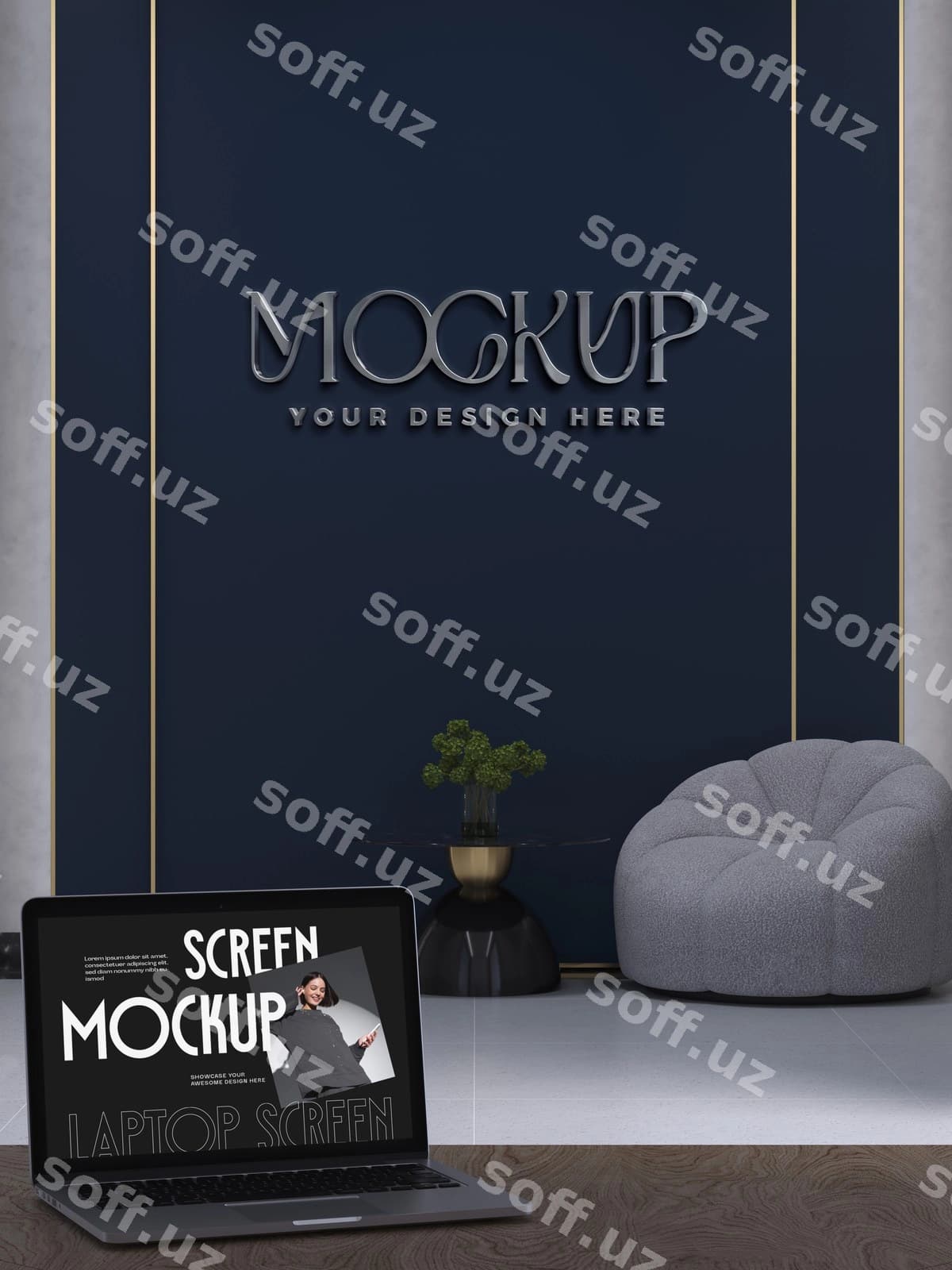 Noutbuk logotip effekt devor namunasi | Laptop logo effect wall mockup
