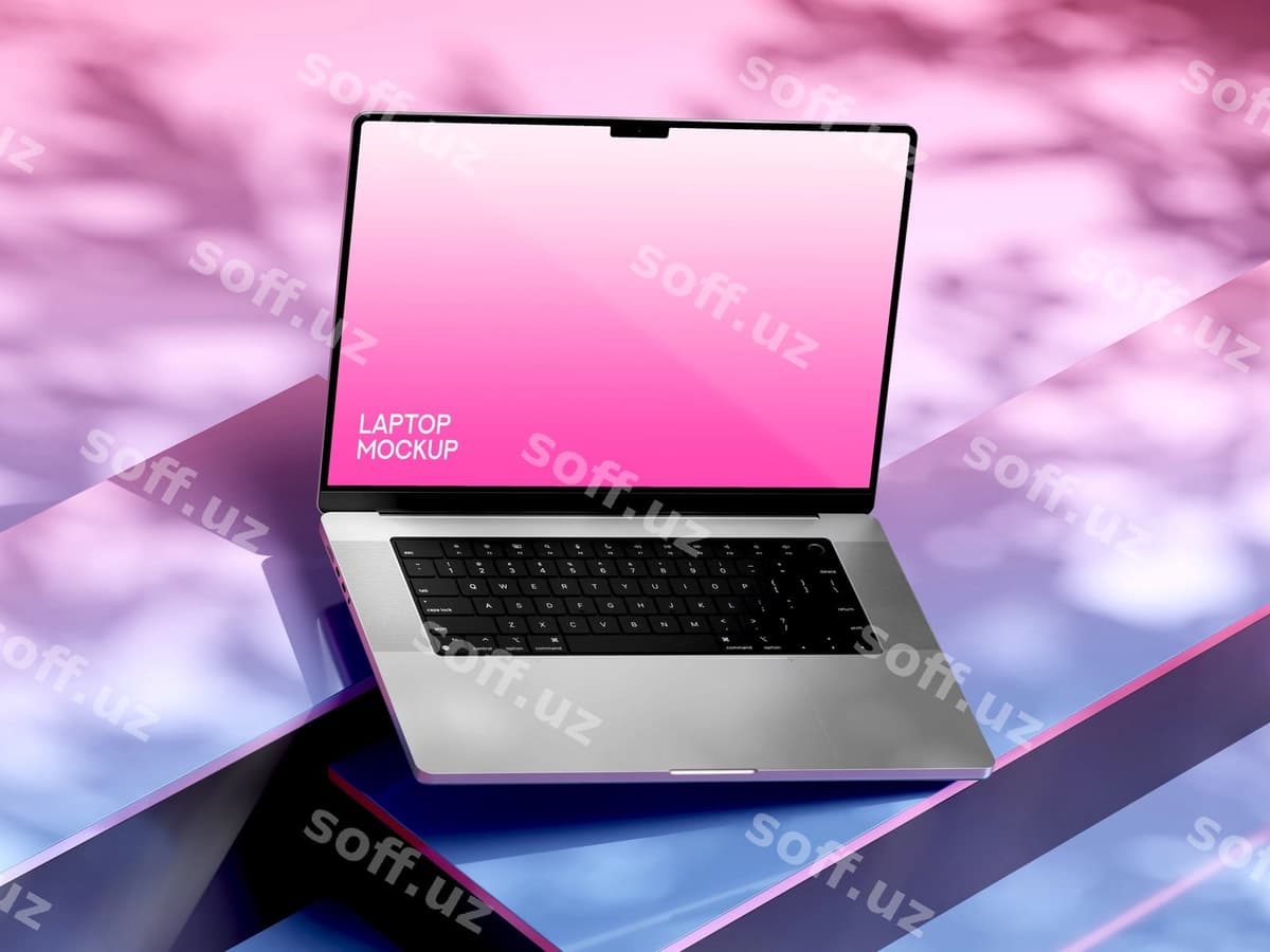 Noutbuk maketi pushti gradient yuzasi | Laptop mockup pink gradient surface