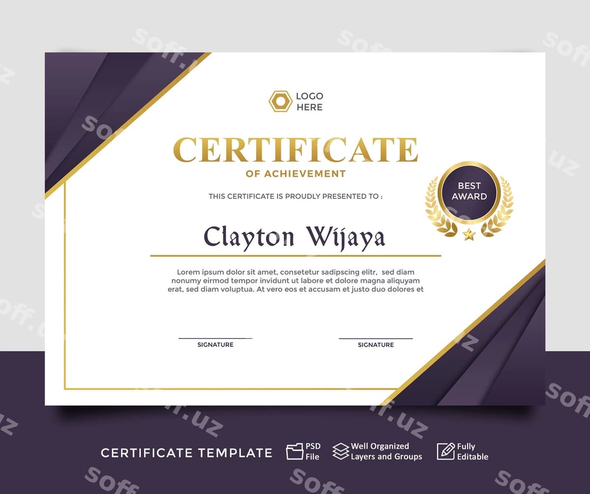 Zamonaviy guvohnoma shablon binafsha | Modern certificate template purple