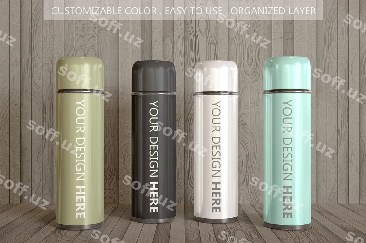 Bir nechta stakan vakuum flasks namunasi | Multiple tumbler vacuum flask mockup