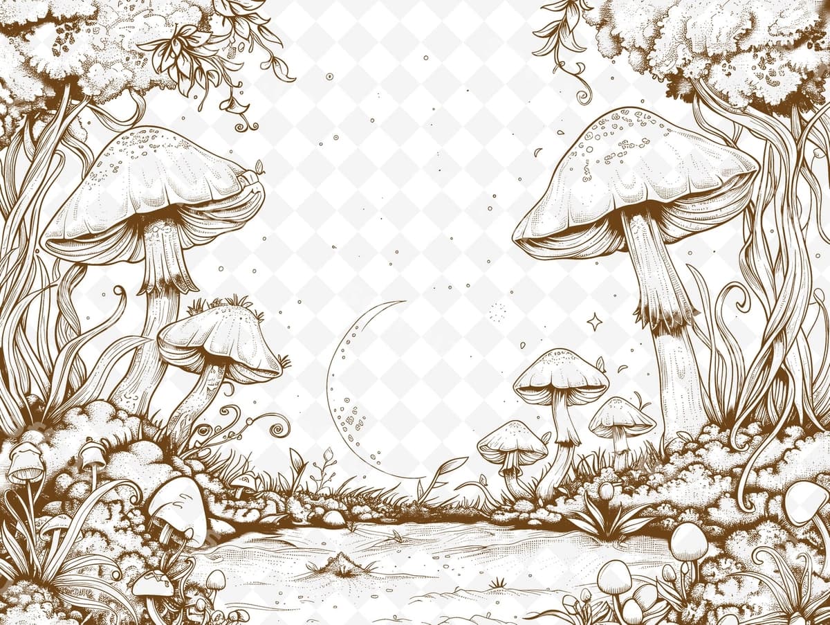 Qozon o'simliklari maydoni hilol yulduzlar bilan | Mushrooms field with moon stars