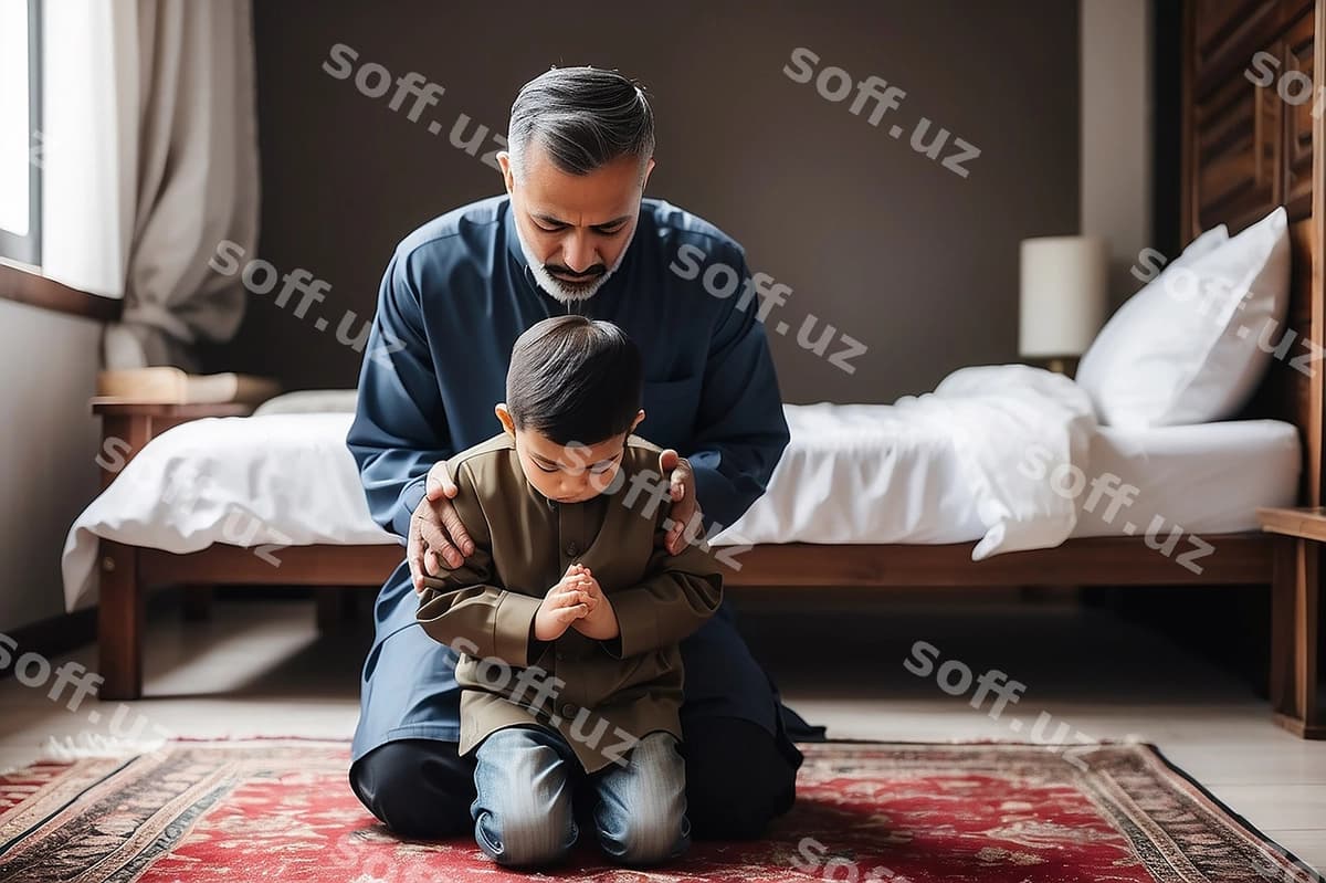 Muslim ota o'g'lining namoz o'qiyapti. | Muslim father praying his son