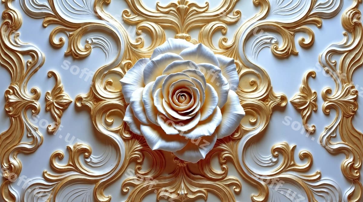 Zeb-ziynatli oltin rangli oq atirgul relyefi | Ornate gold white rose relief