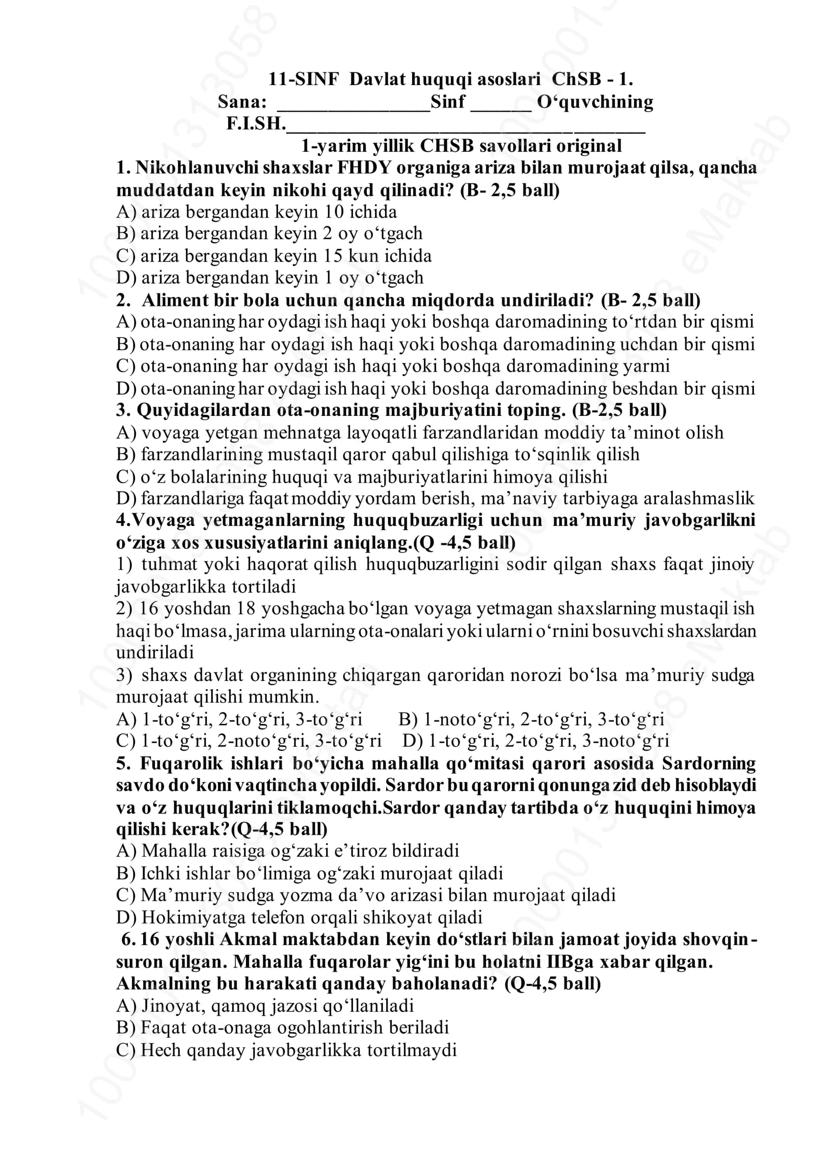 11-SINF Davlat huquqi asoslari ChSB - 1