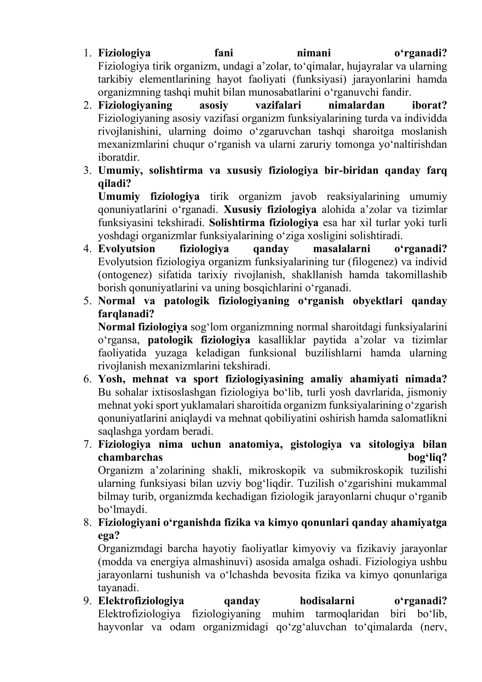 Fiziologiya fanidan savolar