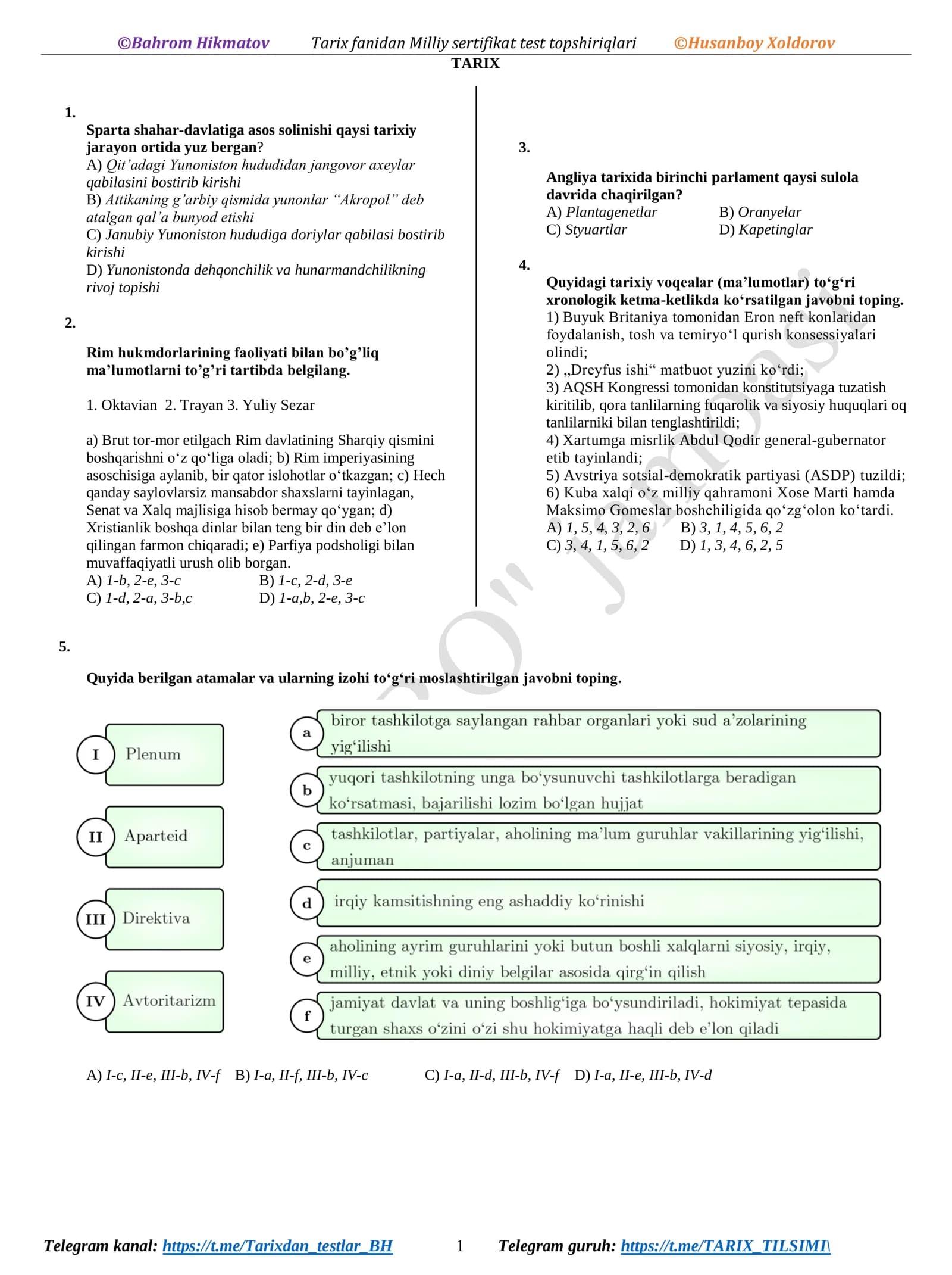Tarix fanidan Milliy sertifikat test topshiriqlari